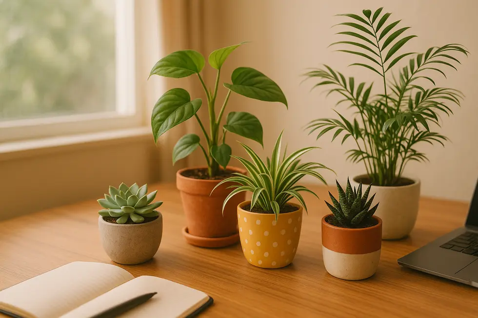 Bộ sưu tập cây xanh để bàn giúp không gian làm việc thêm phần tươi mới.