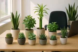 Bàn làm việc hiện đại với nhiều loại cây mini được bố trí hài hòa, tạo cảm giác môi trường làm việc thân thiện và dễ chịu.