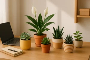A creative workspace featuring small potted plants with unique designs.