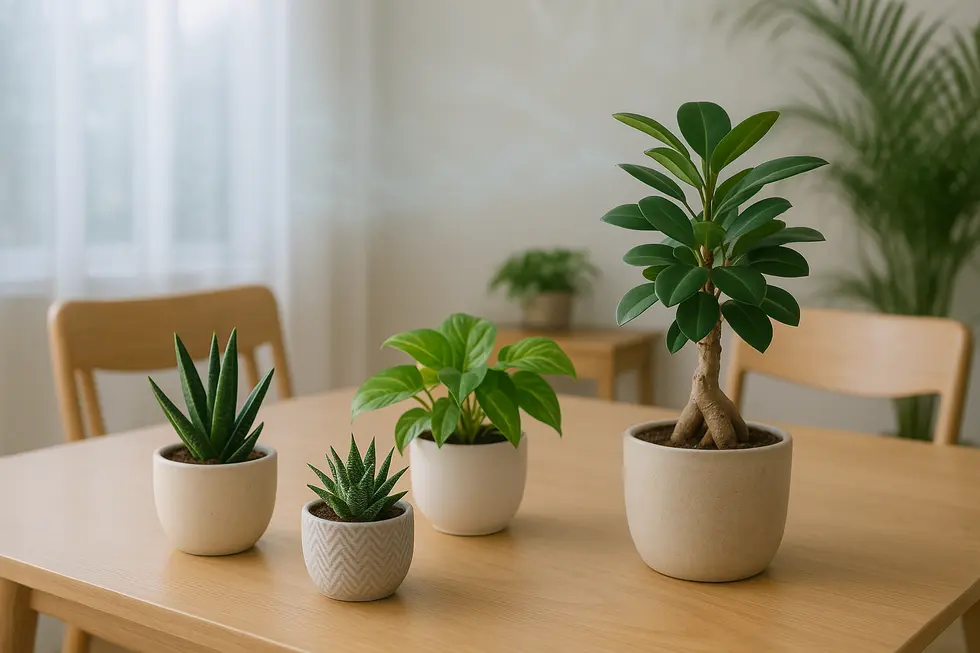 Bộ sưu tập cây xanh để bàn giúp không gian làm việc thêm phần tươi mới.